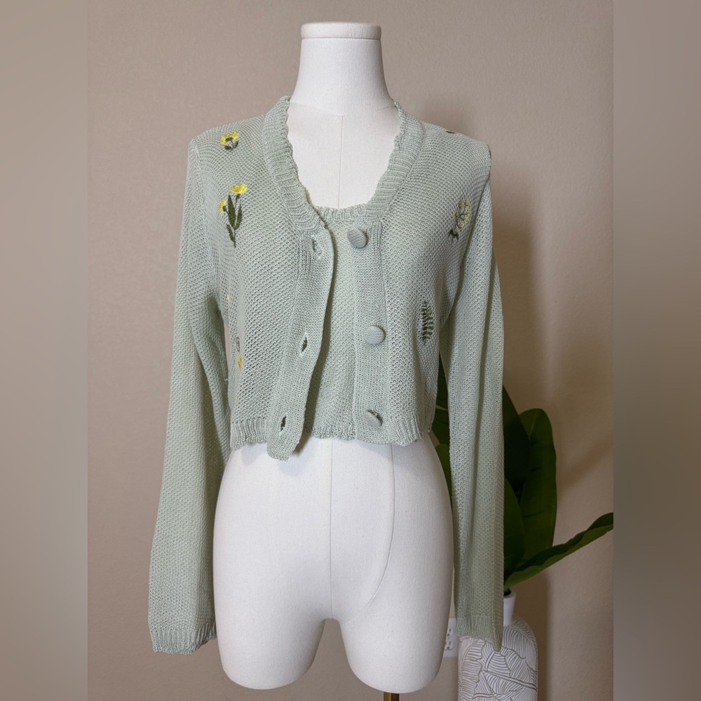 Embroidered Mint Green Cardigan Sweater and tank top **sold as a set**